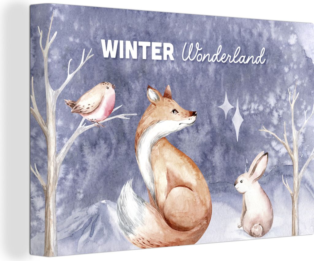 OneMillionCanvasses - Leinwandbilder - 140x90 cm, Winter - Fuchs - Vogel - Kaninchen, Wandbilder Kunstdruck Wanddekoration - Foto auf Leinwand - ...