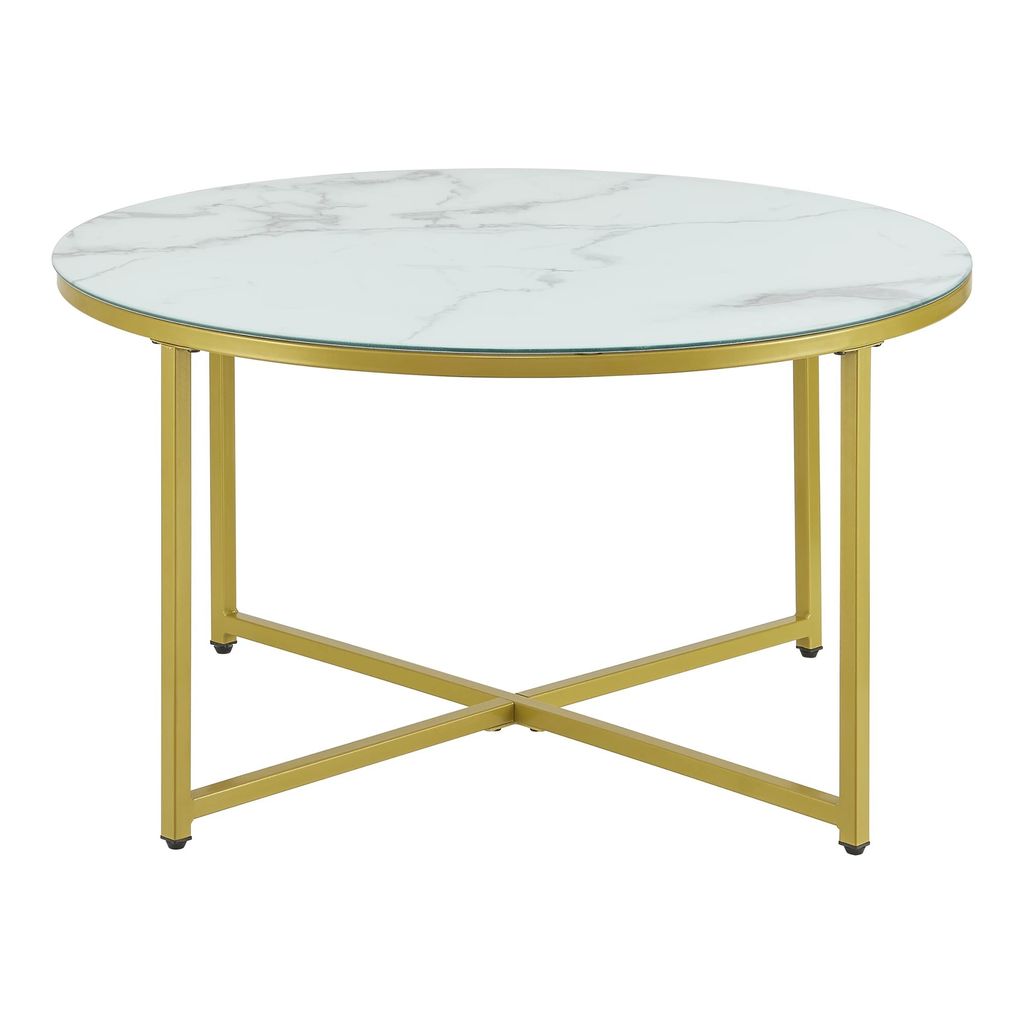 In And OutdoorMatch Couchtisch Marcelle - 45xØ80 cm - Marmoroptik Weiß und Gold - Stahl und Spanplatte - Modernes Design