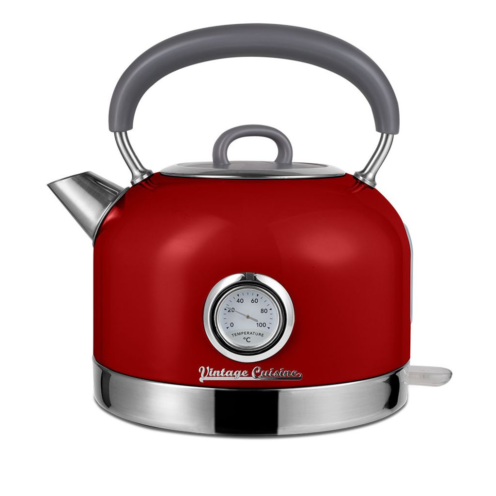 A red electric kettle with a built-in thermometer.