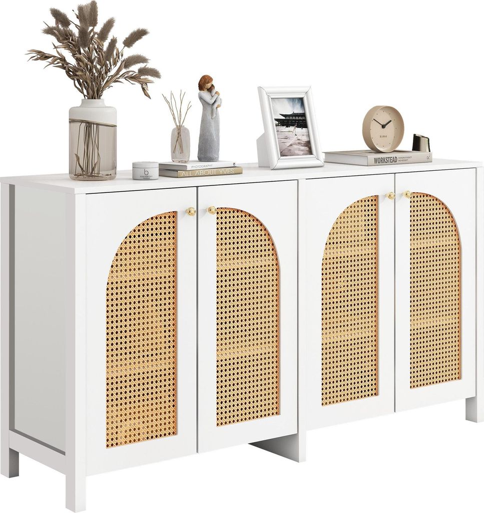 Sideboard Buffetschrank Esszimmerschrank Wohnzimmerschrank Kuecheschrank Mit 4-Rattantuer und Metallgriff Weiss Minimalistischen Stil