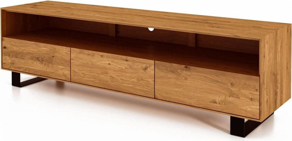 TV-Board Leeds Wildeiche massiv 197x50x56 Metallfußgestell Schwarz 3 Schubladen