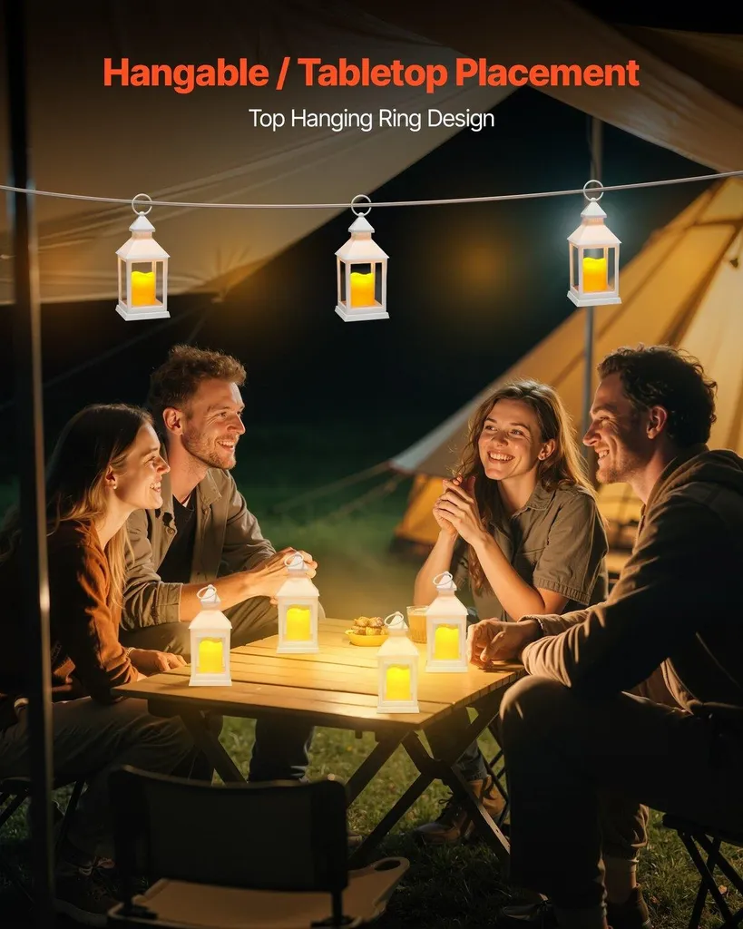 12 lanterne decorative per candele, candele elettriche LED senza fiamma, supporto LED in plastica con vetro, lanterne da appendere alla parete per interni e verande, per tavoli di nozze, feste, arredamento interno in stile rustico, bianco - 5