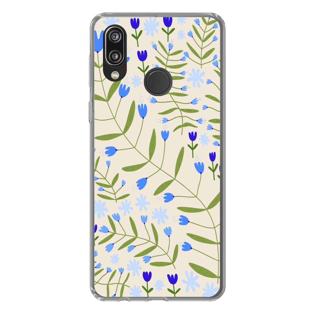 MuchoWow Handyhülle Schutzhülle Hülle für Huawei P20 Lite (2020) Blume - Blätter - Blau Silikon Softcase Handy Hülle - Kartenhalter