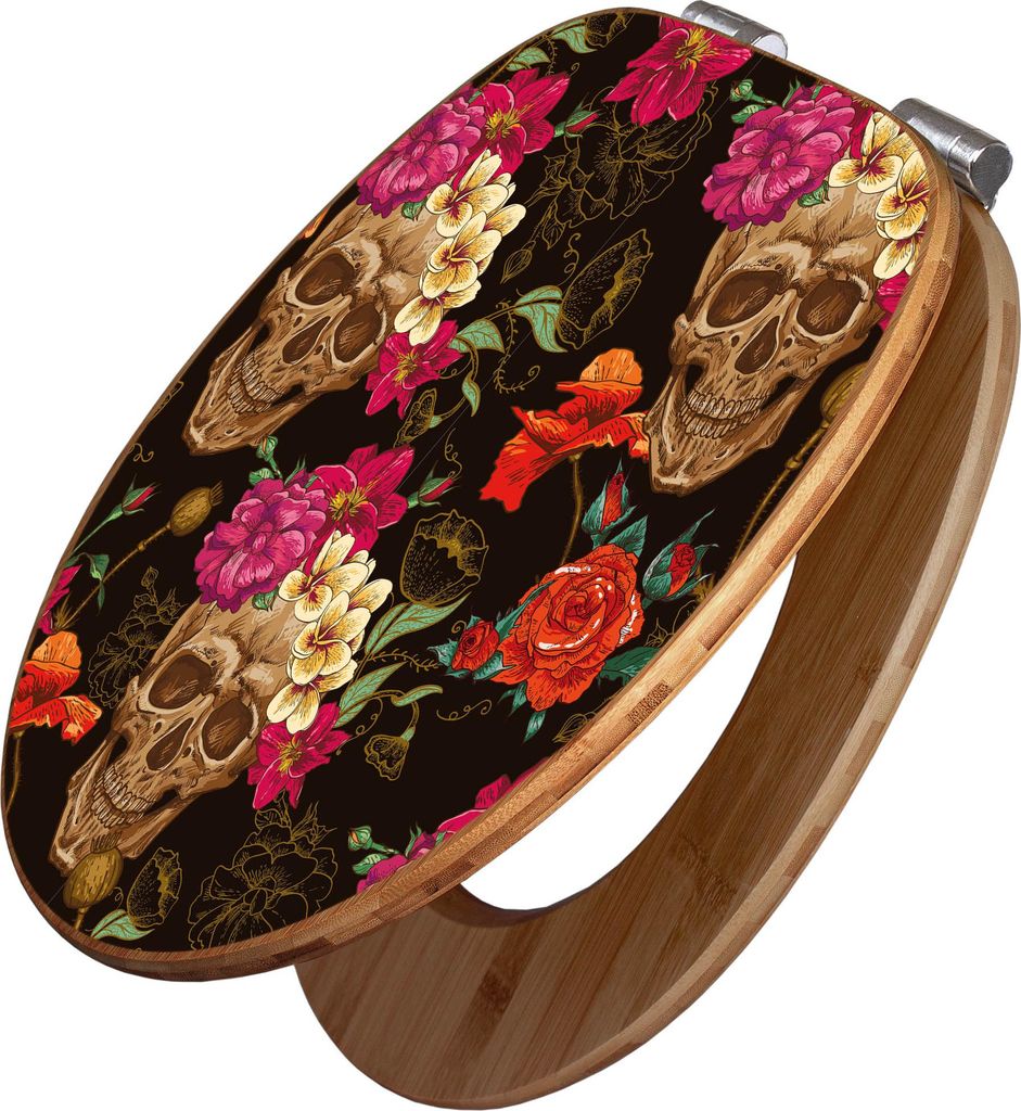 banjado Design WC Sitz Bambus Absenkautomatik -Los Dias de Muertos - Toilettendeckel mit Absenkautomatik Holz/hochwertiger Bambus Klodeckel/WC-Sitz...