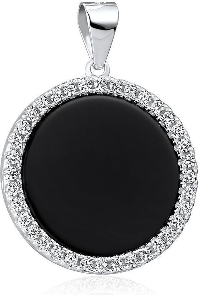 MATERIA Onyx Anhänger rund schwarz - 925 Silber Kettenanhänger Damen rhodiniert mit Zirkonia und Kette