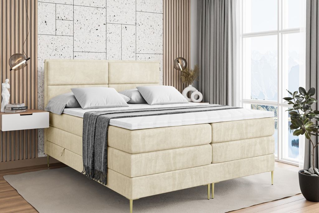 ALTDECOR Boxspringbett mit Gold Füßen, Matratze und Lattenrost, Topper, Polsterbett mit Bettkasten, Bett mit Stauraum H3- und H4- Matratze, Doppe...