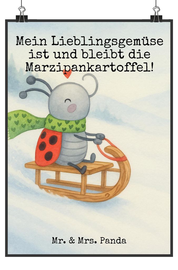 Mr. & Mrs. Panda Bild Smörle Rodeln Design DIN A2 - Weiß - Geschenk, drucke, wanddeko, Plakat, Marzipan, Schlittenfahren, Winter, Wanddekoration,...