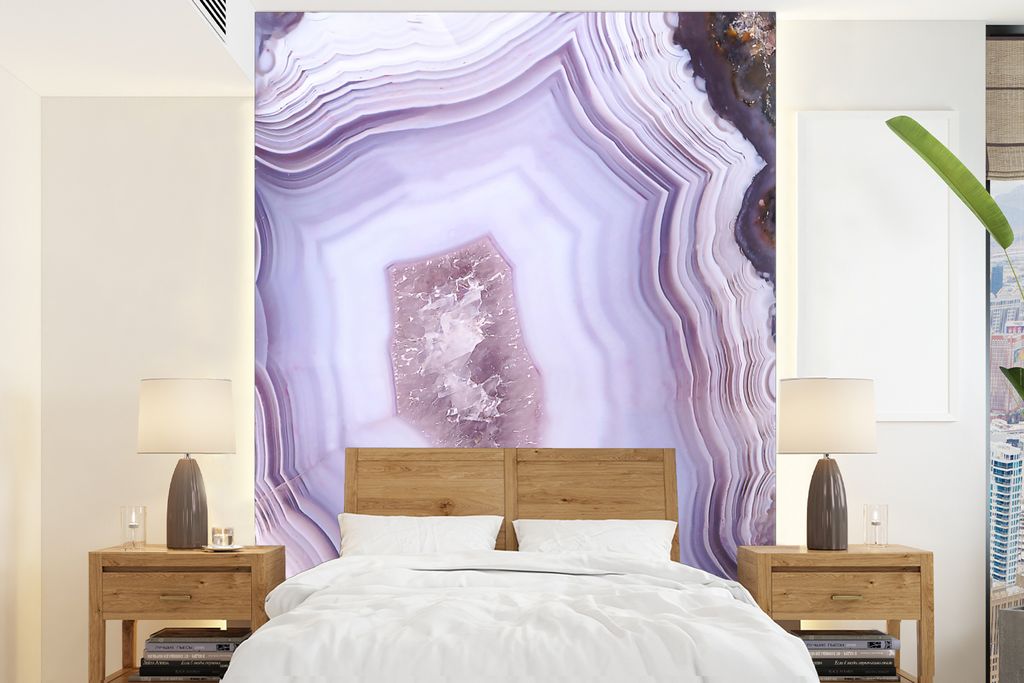 MuchoWow Fototapete für Wohnzimmer oder Schlafzimmer Wandtapete Vinyl Motivtapete Abstrakt - Geode - Rosa - Edelstein - 165x220 cm - Wanddekorat...