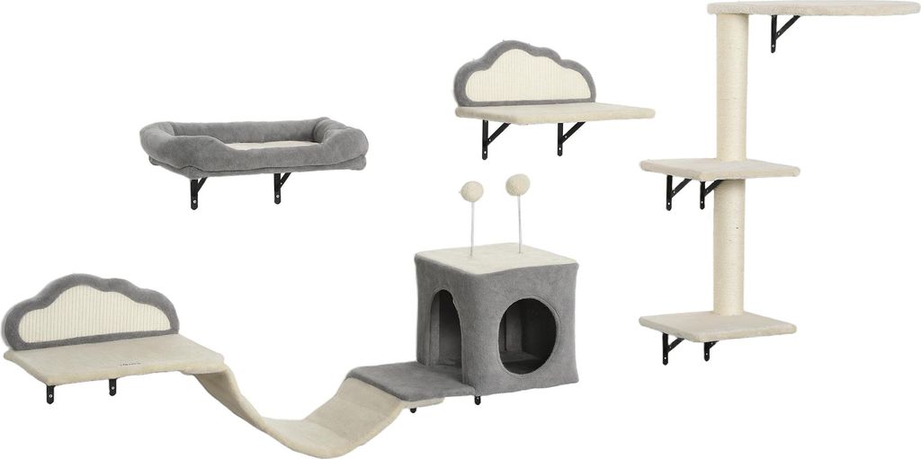 Wandmontiertes Kratzbaum-Set, Sisalkratzflächen, 4 Teile, für 1-3 Katzen, Beige