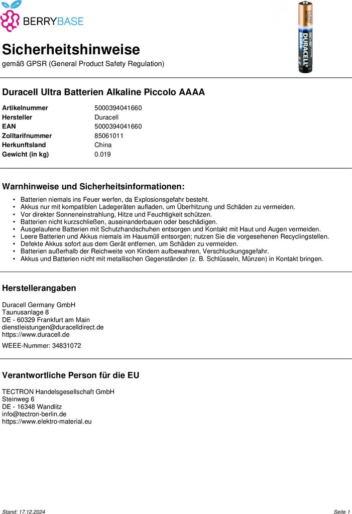 2 baterie DURACELL Mini AAAA Mini AAAA 1,5 V Zdjęcie produktu 16