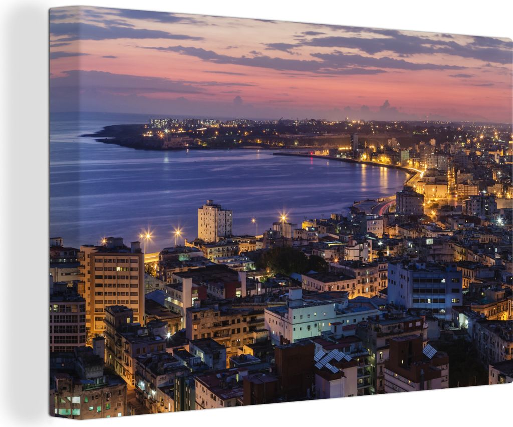 OneMillionCanvasses - Leinwandbilder - 150x100 cm, Beleuchtetes Stadtbild bei Sonnenaufgang in Havanna, Kuba, Wandbilder Kunstdruck Wanddekoration
