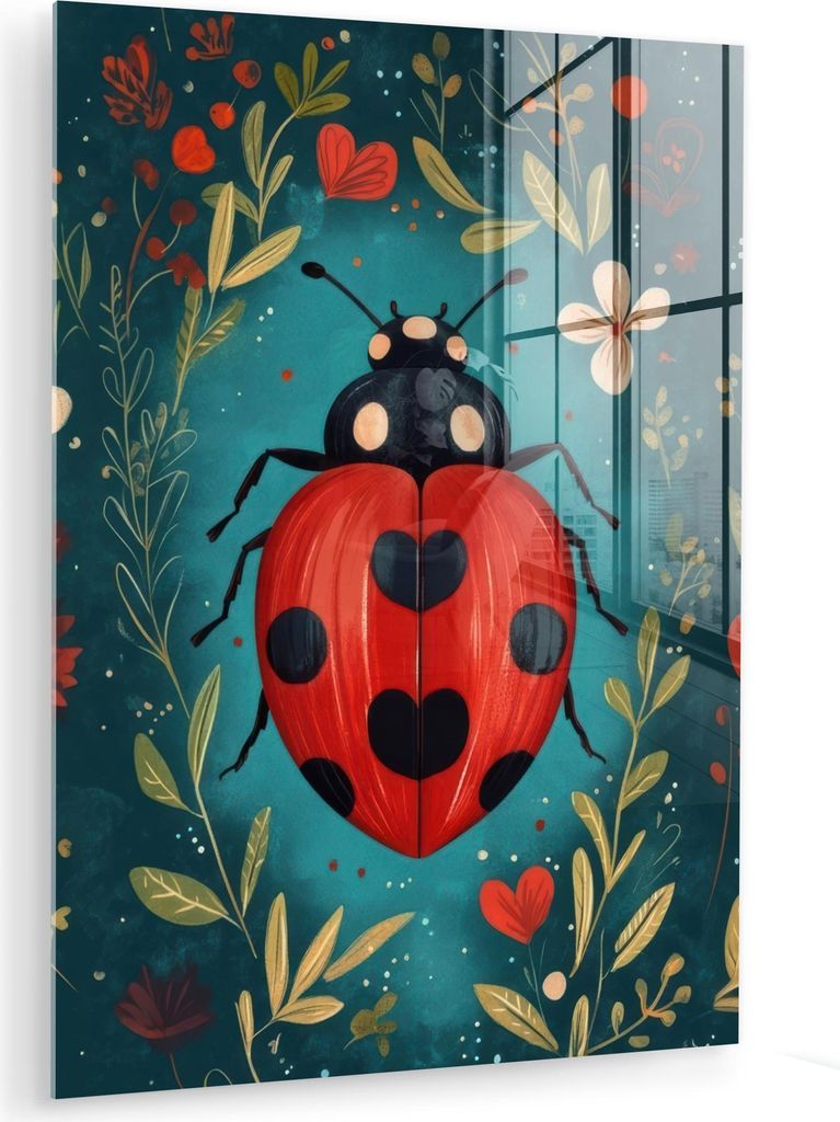 MuchoWow Glasbilder - Bilder auf Wandbild - Foto auf Glas Blumen - Marienkäfer - Herz - Rot 60x80 cm Wanddekoration aus Glas - Acrylglasbild - Acr...