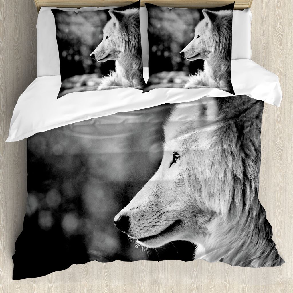 ABAKUHAUS Schwarz und weiß Bettbezugs Set Für Doppelbetten, Wolf Portrait, Milbensicher Allergiker geeignet mit Kissenbezügen, Blasses Grau