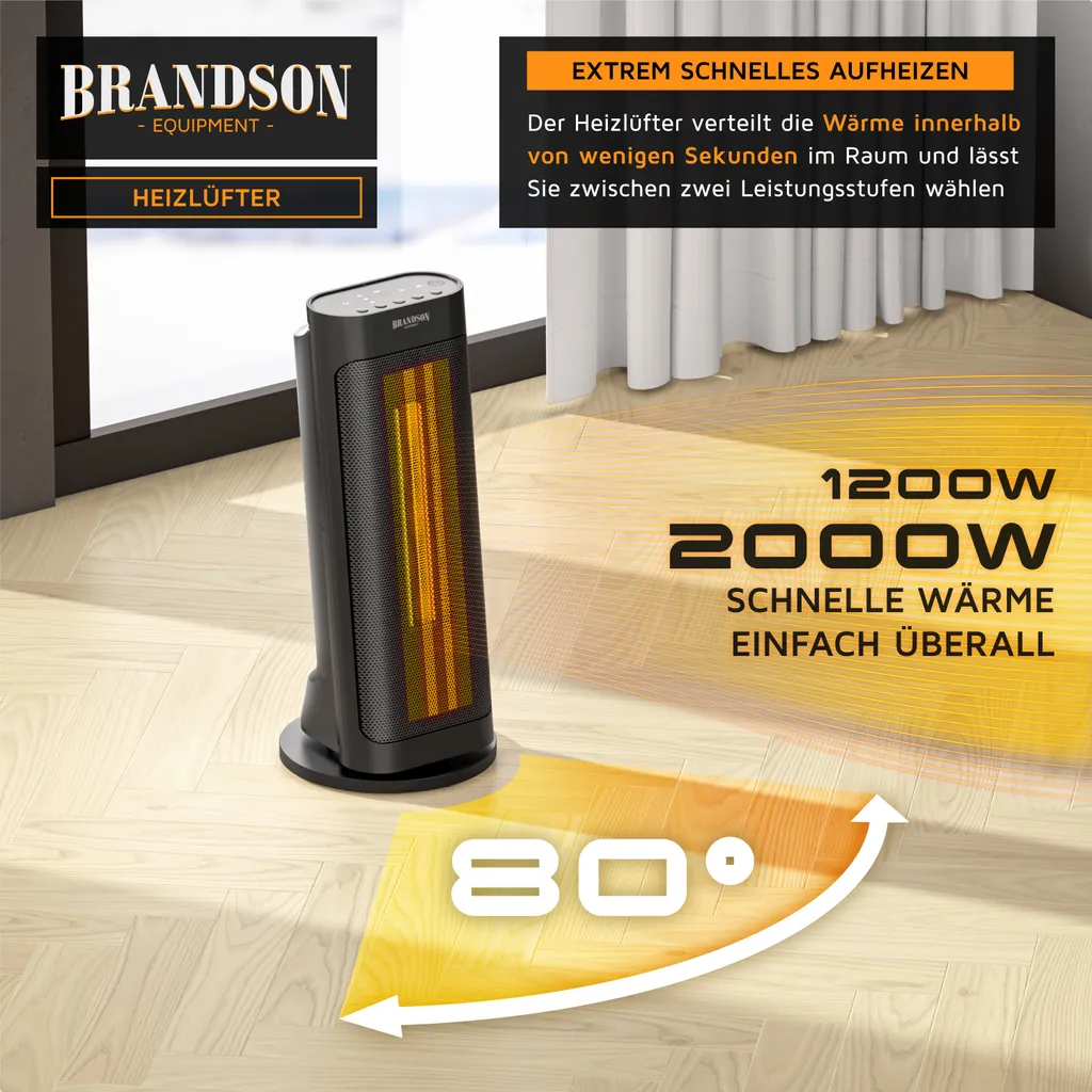 Brandson Radiateur Soufflant 2000W Céramique Noir avec Télécommande