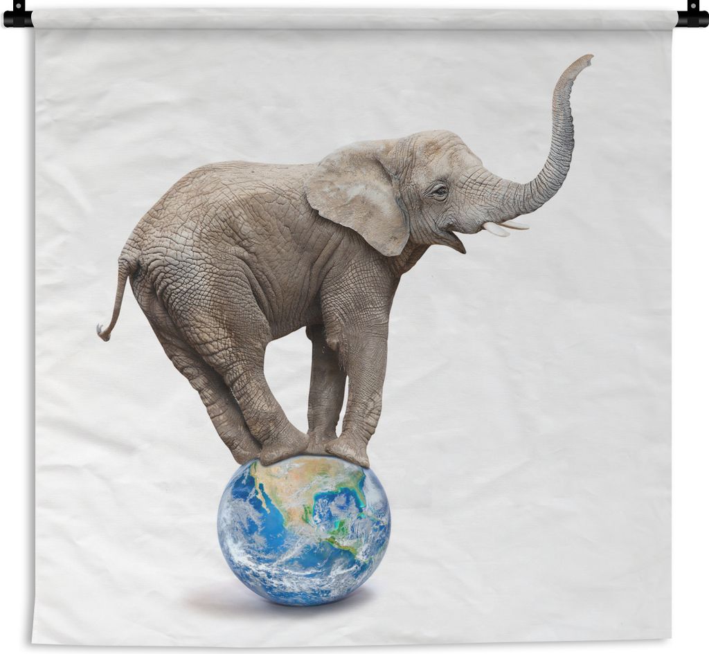 MuchoWow Wandteppich Wandbehang Elefant - Globus - Weiß 150x150 cm Tapisserie Dekoration Wandtuch - Wohnaccessoires - Modernes