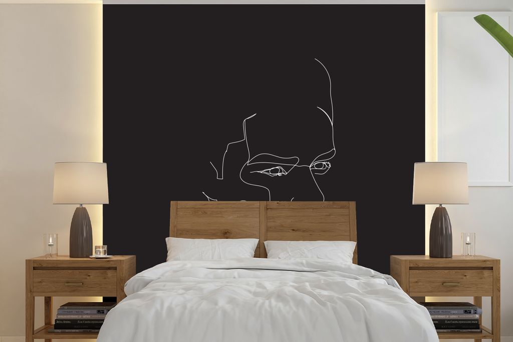 MuchoWow Fototapete für Wohnzimmer oder Schlafzimmer Wandtapete Vinyl Motivtapete Mann - Gesicht - Strichzeichnung - 240x240 cm - Schlafzimmer-T...
