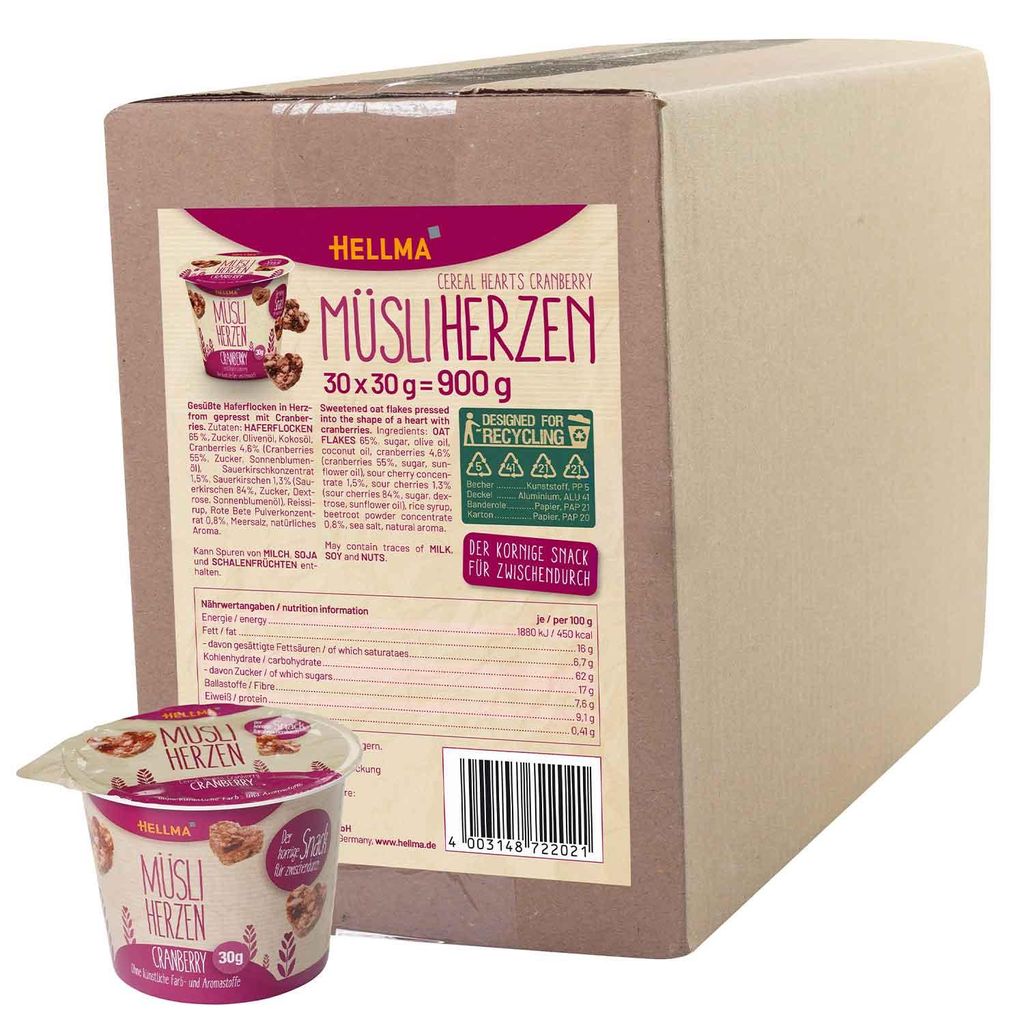 Hellma 70102202 Cuori di muesli al mirtillo rosso 30 x 30 g Immagine del prodotto 