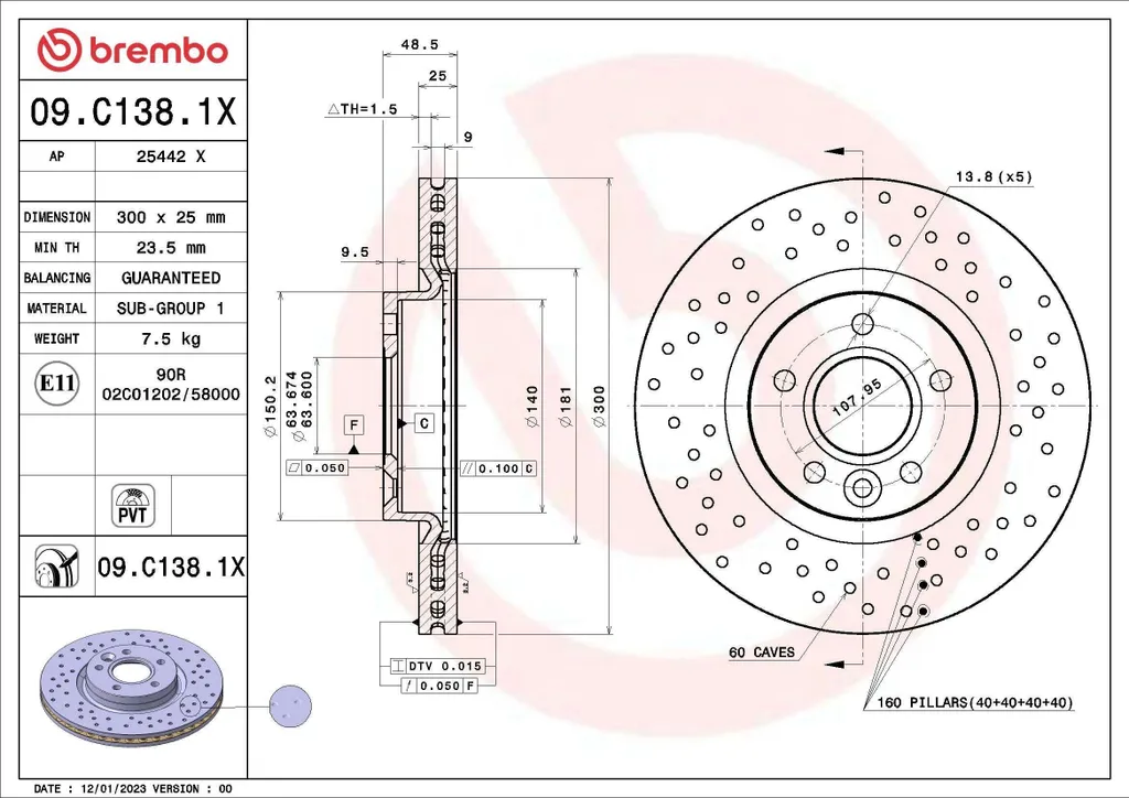 Disque de frein BREMBO 09.C138.1X Xtra pour Volvo V40 S40 et C30