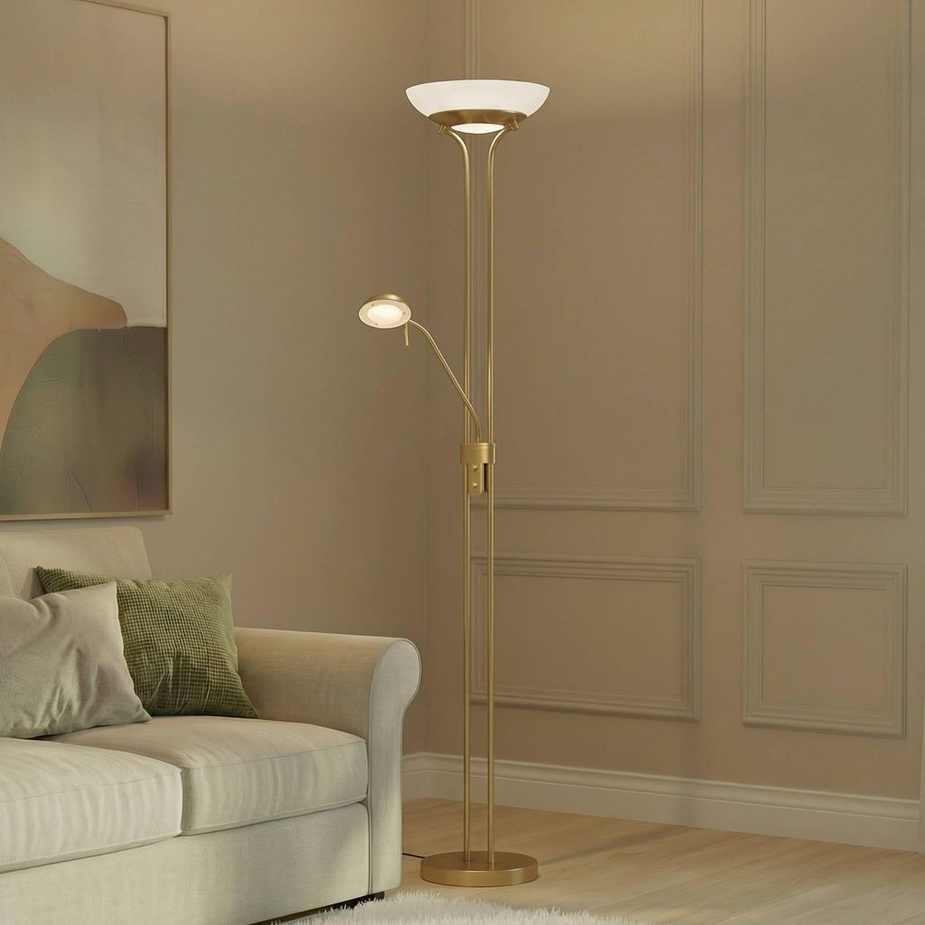 Lindby LED-Stehlampe Yveta, messing, Leselampe, dimmbar Produktbild 
