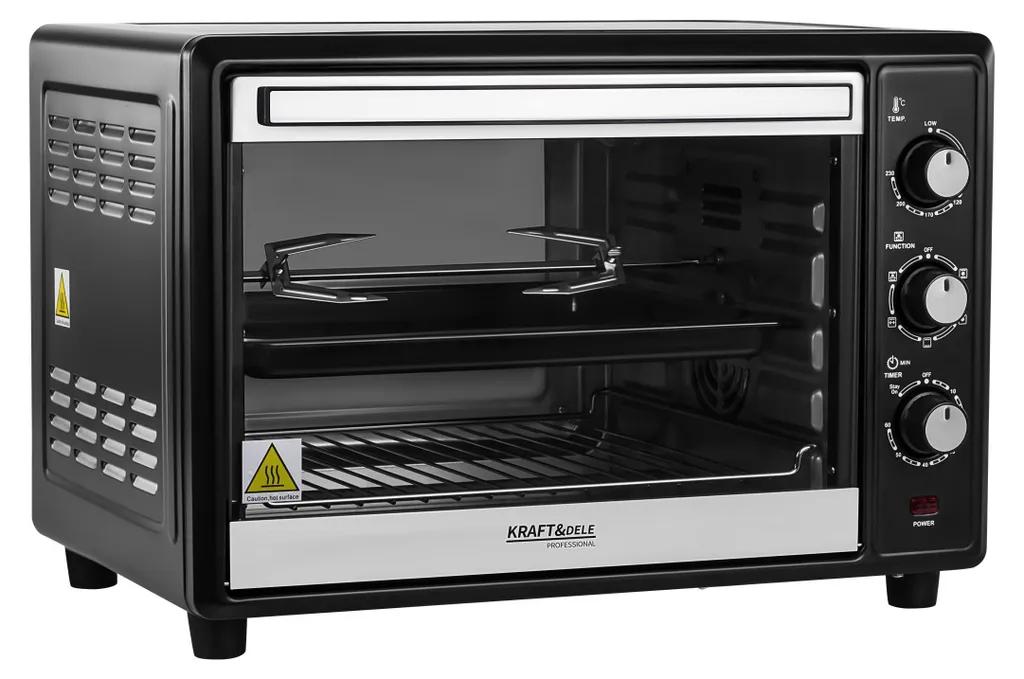 KRAFT&DELE | Mini forno, forno a convezione da tavolo, 45 L, 2000 W, illuminazione interna, 6 funzioni, temperatura fino a 230 °C, doppia porta in vetro, spiedo girevole incluso, calore superiore, calore inferiore, ventilazione, frontale in vetro a specchio