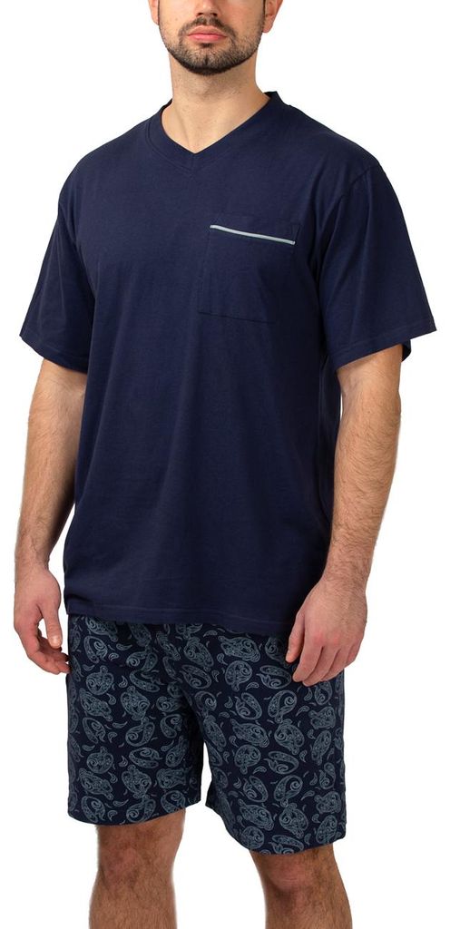 Moonline - Herren Shorty Schlafanzug kurz Pyjama mit karierter Hose aus 100% Baumwolle ; Marine , 4XL