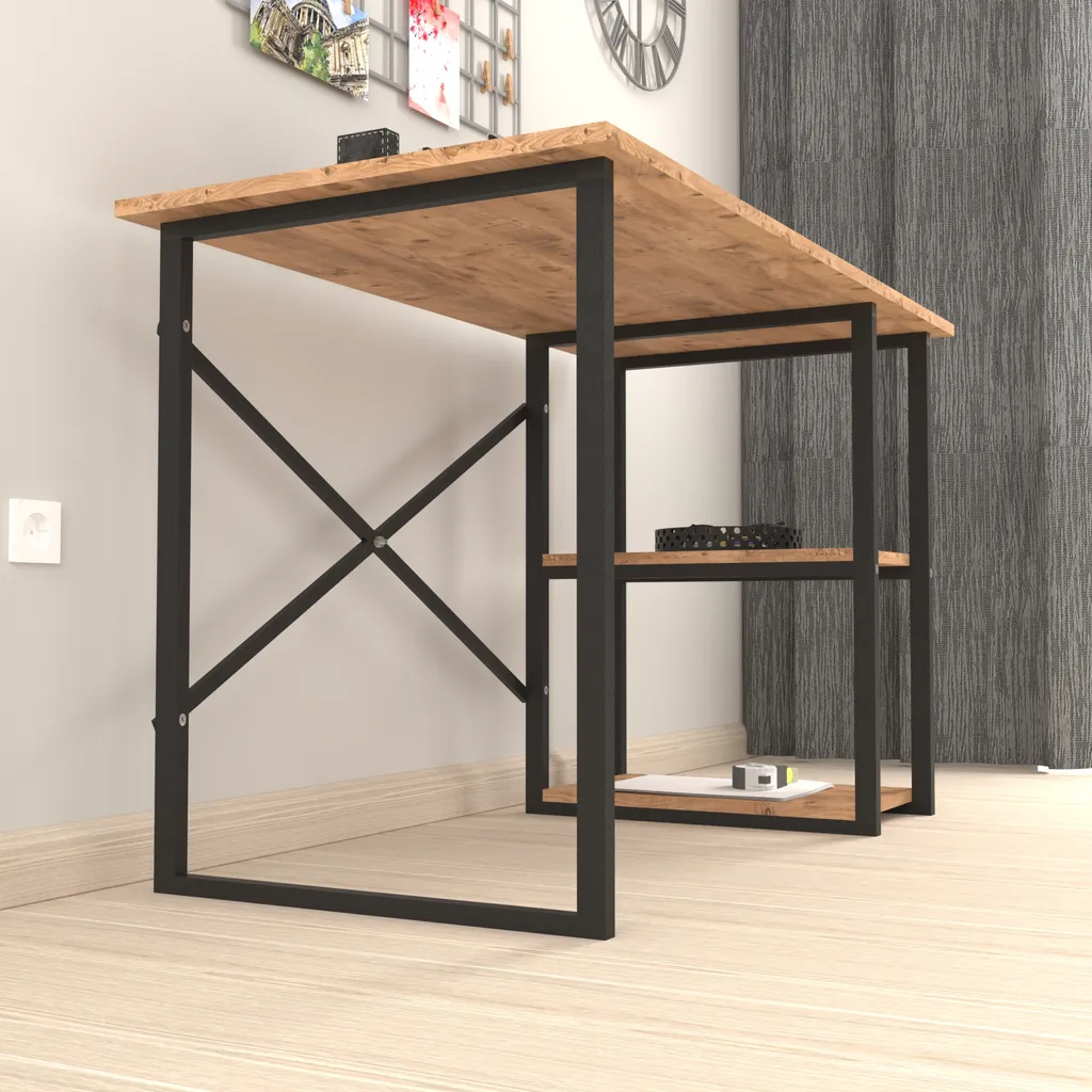 Bureau Nittedal aspect chêne avec étagère intégrée et structure métal
