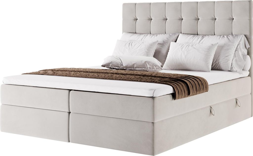 Moebelpaket Bett 160x200 cm mit Bettkasten, Boxspringbett mit Pocket-Matratze und Topper T25, Kühles Beige, Kollektion Magnus