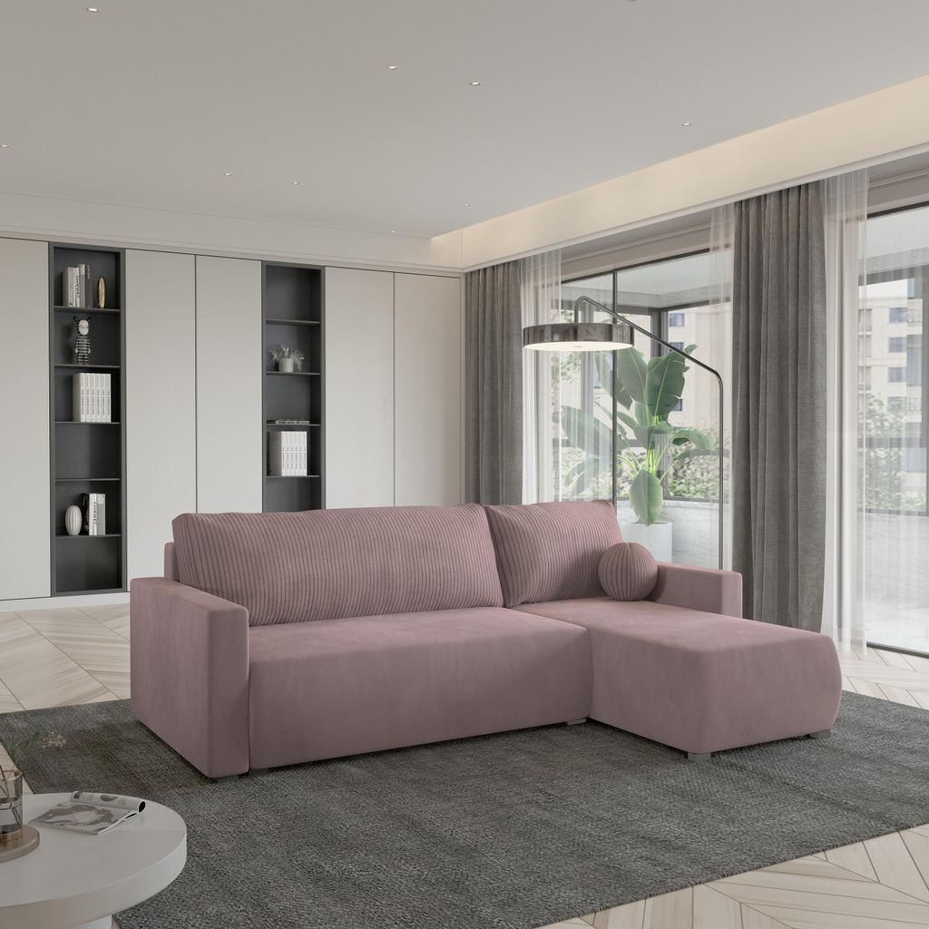 Masseno Ecksofa SORGE mit Schlaffunktion L-Form, Sofa mit Bettkasten, Wohnzimmersofa, Couch, Soffa, Bettsofa, Couchgarnitur- Rosa, POSO 27 + KRONOS 27