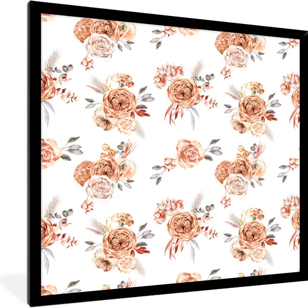 MuchoWow Gerahmtes Poster Blumen - Boho - Weiß 40x40 cm - Poster mit Schwarzem Bilderrahmen Wandposter Rahmen Foto Bilder - Mit Rahmen - Wanddek...