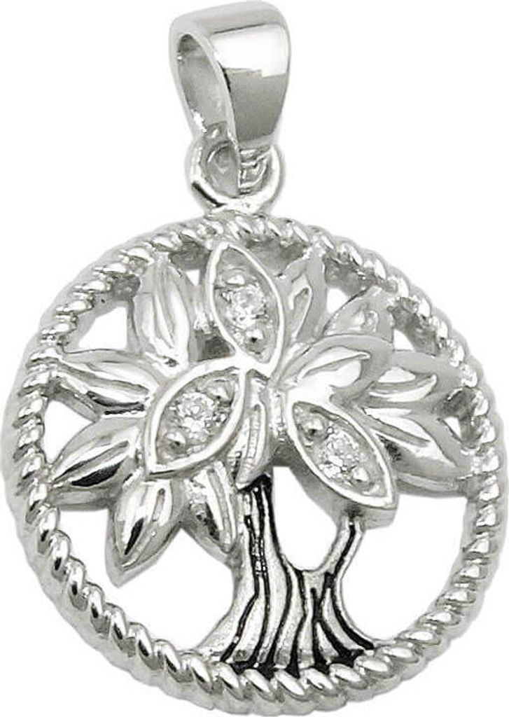Anhänger Lebensbaum 15mm Zirkonia 925 Silber rhodiniert glänzend teilgeschwärzt