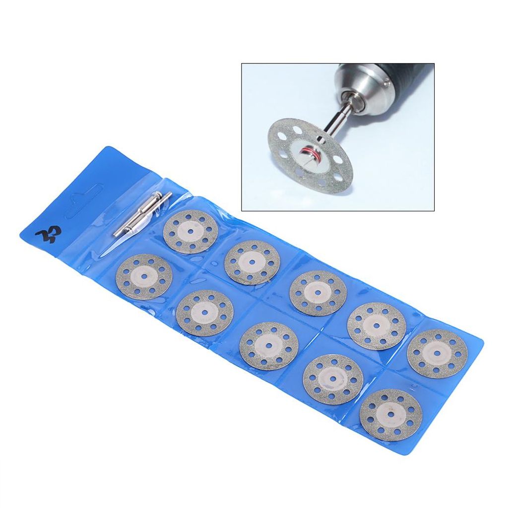 A set of 10 diamond cutting discs and a mandrel, neatly arranged in a blue plastic holder. A close-up inset shows one disc attached to a rotary tool.