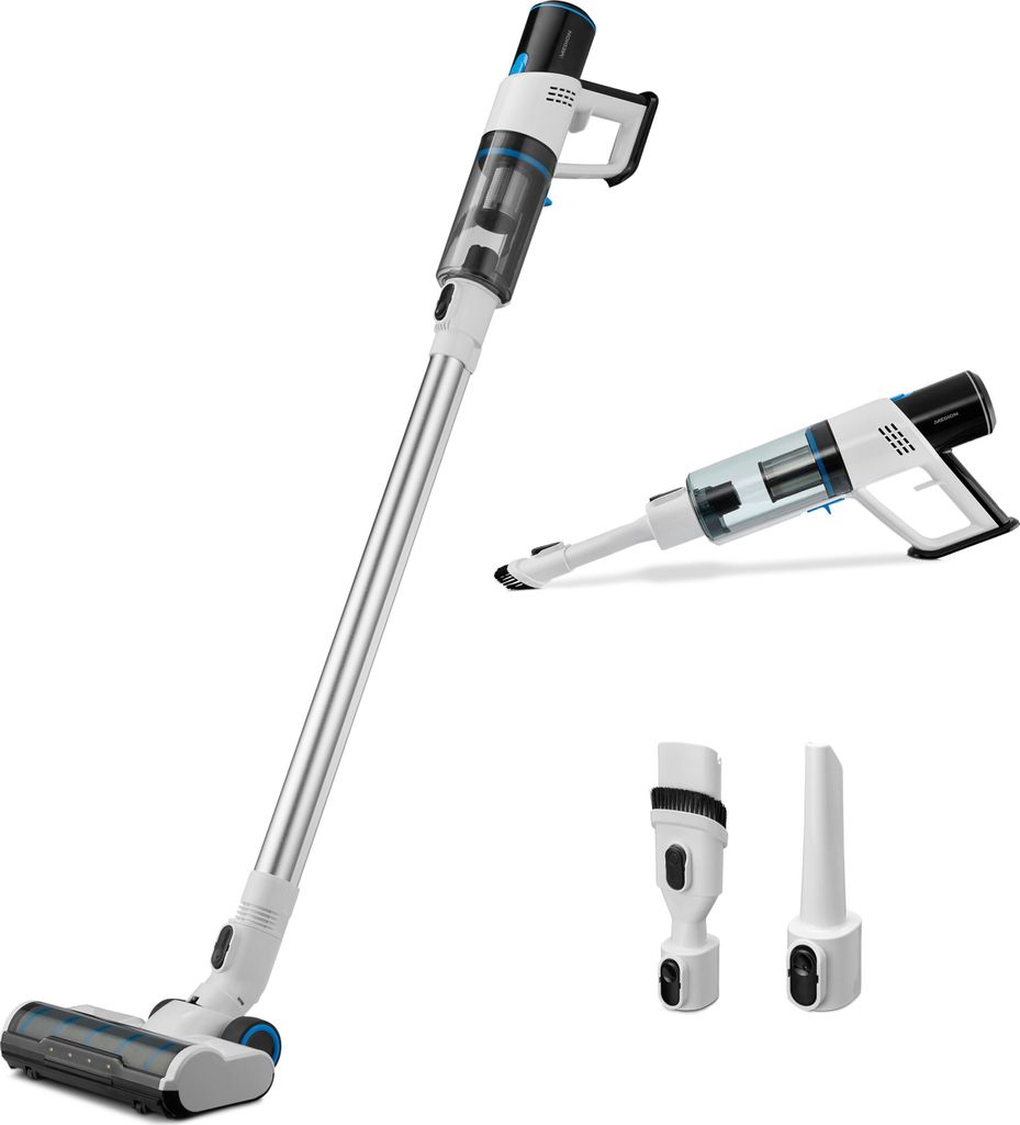 A cordless stick vacuum cleaner is shown from multiple angles, along with its attachments, against a white background.