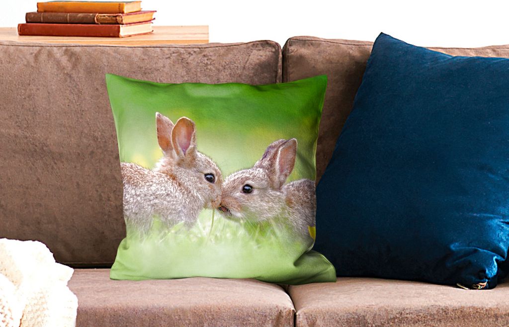 MuchoWow Zierkissen Sofakissen Wohnzimmer Dekokissen 45x45 cm Kaninchen - Baby - Gras - Schlafpolster - Polster für das Sofa