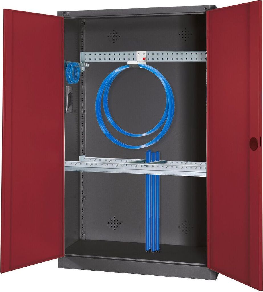 C+P Modul-Sportgeräteschrank "Grundausstattung" mit Vollblech-Flügeltüren, HxBxT 195x120x50 cm, Ergo-Lock Muldengriff, Rubinrot (RAL 3003), Anth...