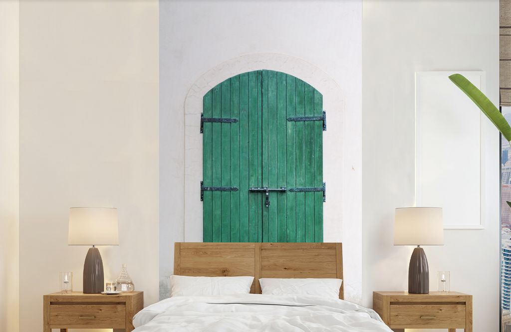 MuchoWow Fototapete für Wohnzimmer oder Schlafzimmer Wandtapete Vinyl Motivtapete Vintage - Grün - Tür - Holz - Gebäude - 120x240 cm - Hinter...