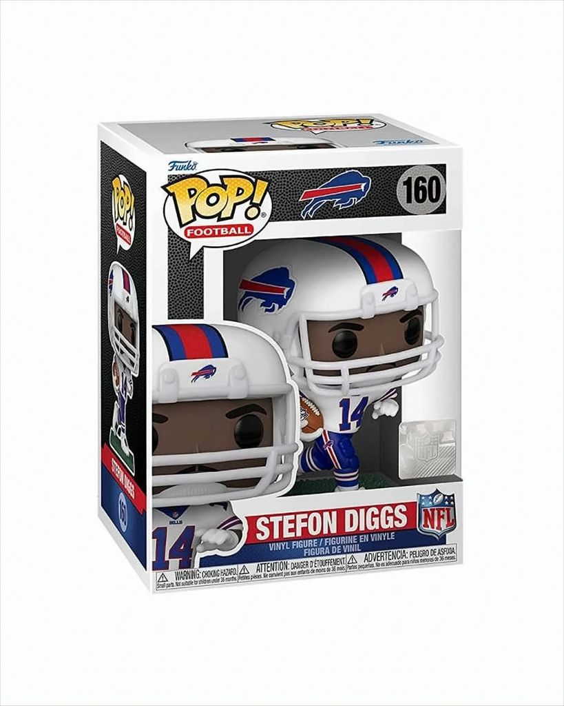 A Funko Pop! vinyl figure of NFL player Stefon Diggs in his Buffalo Bills uniform, displayed in its original packaging.