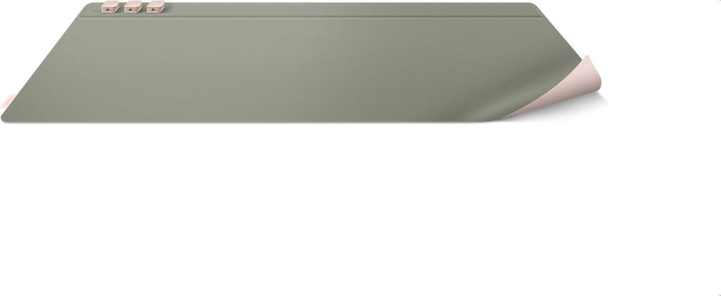 A desk mat with a rolled-up corner, showing two different colors.