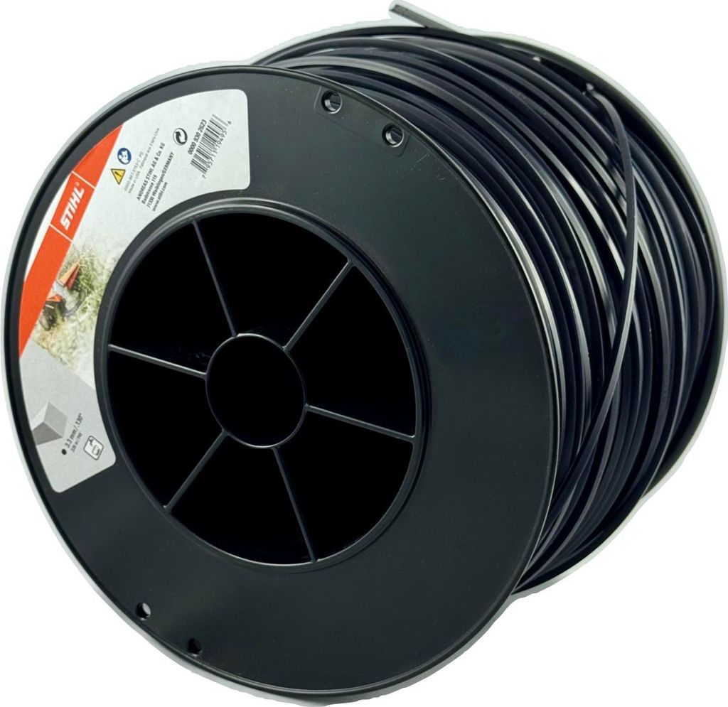 A spool of black trimmer line on a black plastic spool.