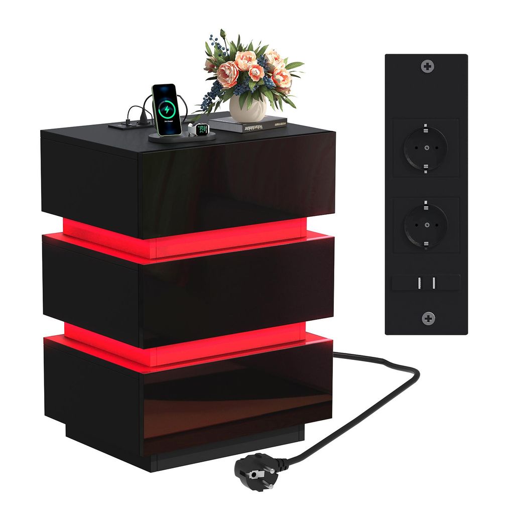Nachttische mit LED,Hochglanz Nachttisch mit 3 Schubladen,Nachtschrank Schmal Holz Beistelltisch Organizer Einheit Kommode für Schlafzimmer 45x35x...