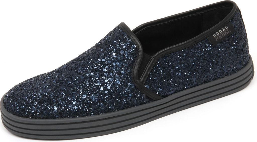 C7994 sneaker donna HOGAN REBEL R141 scarpa blu/nero glitter slip on shoe woman