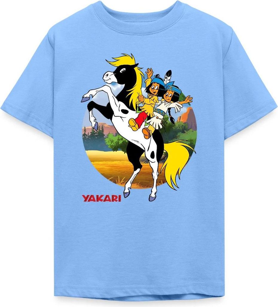 Spreadshirt Yakari Und Regenbogen Auf Kleiner Donner Teenager T-Shirt, 152/164 (12-14 Jahre), Himmelblau