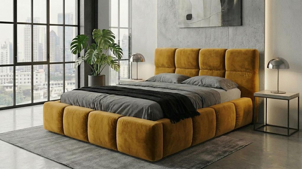 Polsterbett VELUNO -OM 160 x 200 cmmit Matratze und Bettkasten. Farbe: Gelb