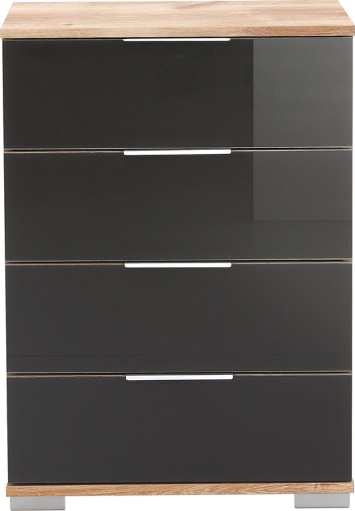 Schlafzimmer Nachttisch Nachtschrank, auch für Boxspringbett geeignet, in Plankeneiche Nb. mit grauem Glas ELSTRA-43, B/H/T ca. 52/74/38 cm