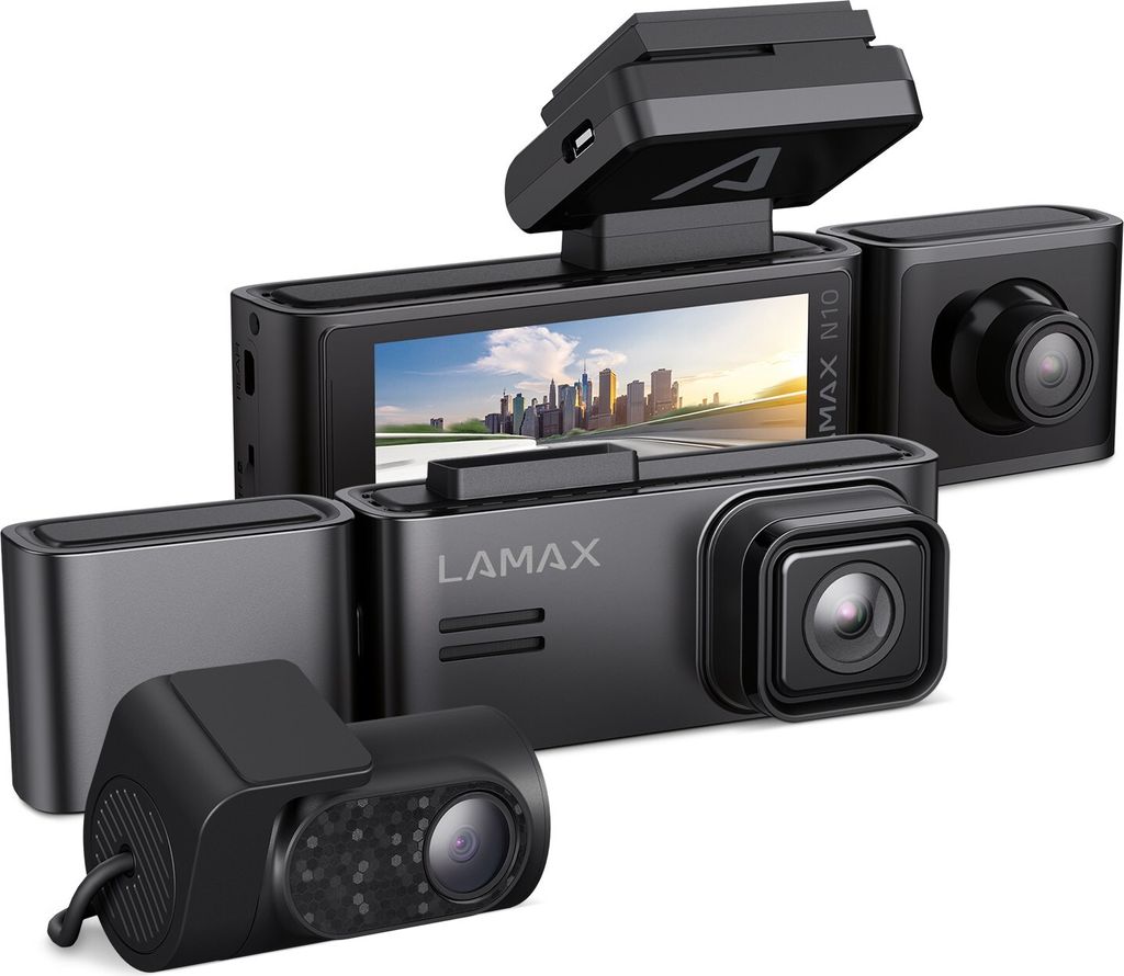 A group of black dashcams are arranged in a visually appealing way against a white background.