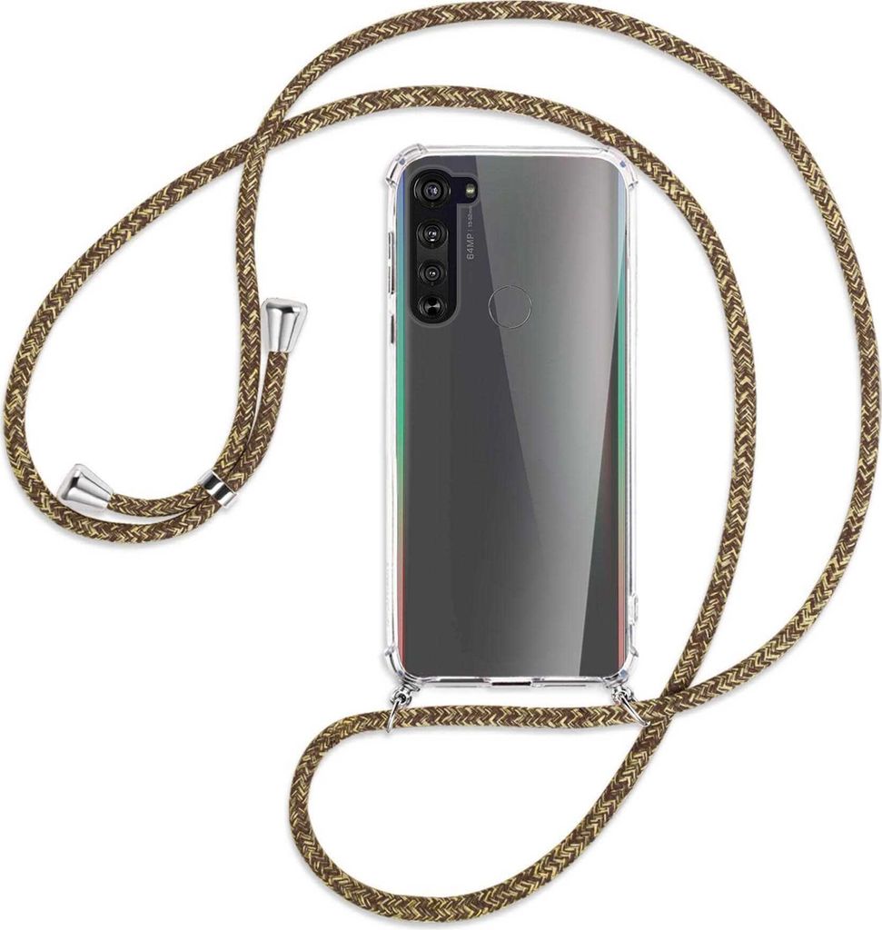 Handykette Backcover-Schutzhülle mit Band (Metall silberfarben) für Motorola Edge - braun+beige