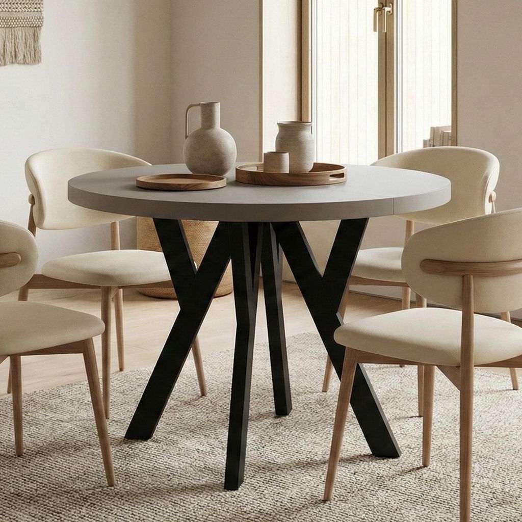 Runder Ausziehbarer Tisch für Esszimmer, PERO, Loft-Stil, Skandinavische, Durchmesser: 90 / 140 cm, Farbe: Kaschmir / Schwarz