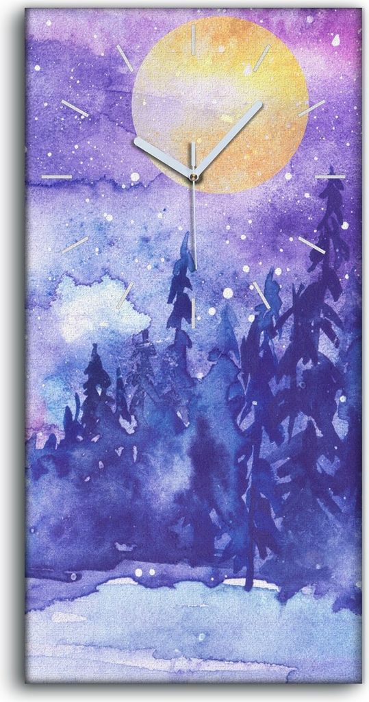 Küchenuhr Bürouhr Leinwand Uhr Quarz 30x60 Mond Schnee Bäume Wald Sterne Himmel - weiße Hände
