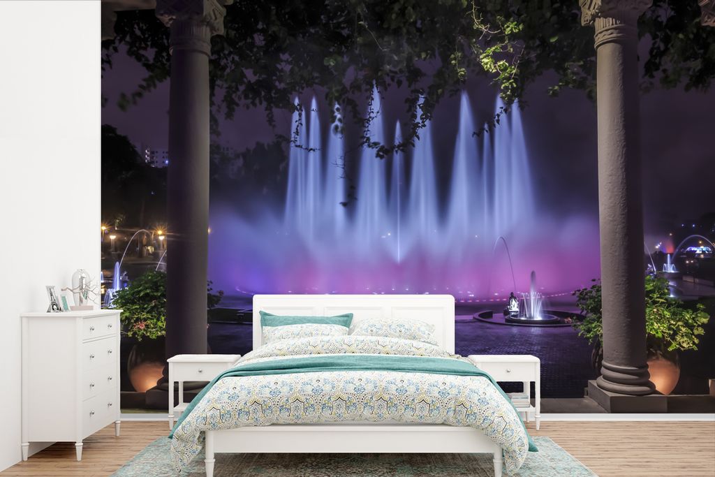MuchoWow Fototapete für Wohnzimmer oder Schlafzimmer Wandtapete Vinyl Motivtapete Springbrunnen bei Nacht in Lima - 390x260 cm - Papiertapete