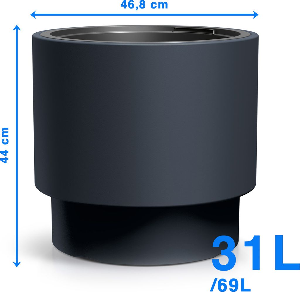 A dark gray cylindrical planter with dimensions and volume indicated.
