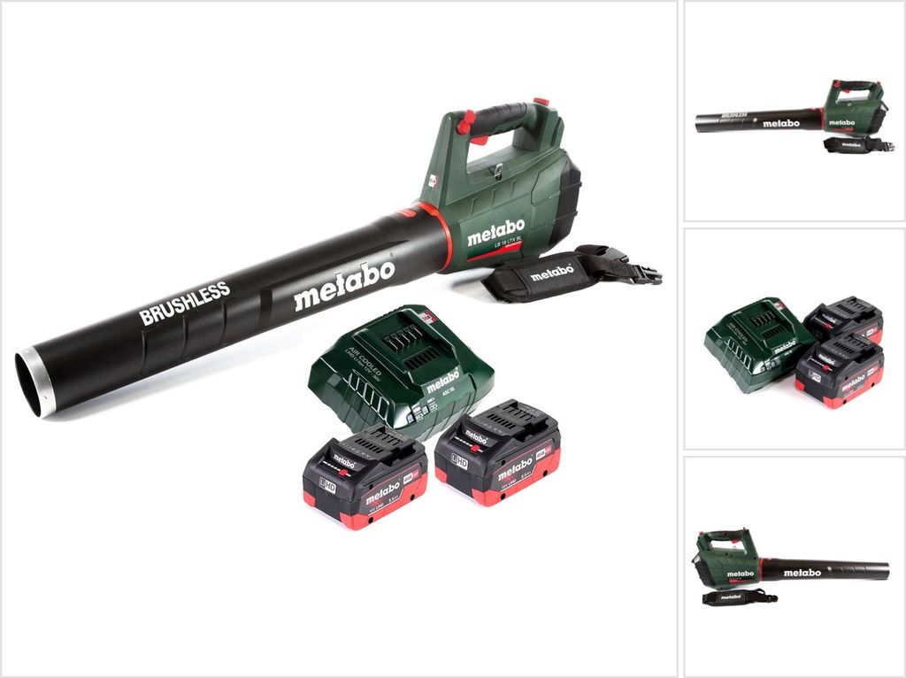 A Metabo leaf blower with batteries and charger on a white background.